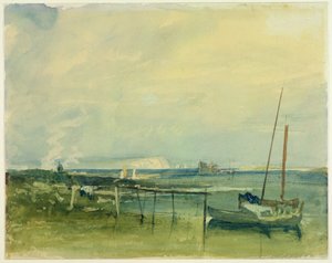 Kustscène met witte kliffen en boten aan de kust